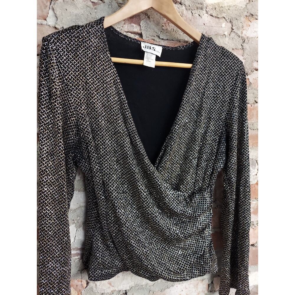 J.B.S. Metallic Black & Gold Wrap-Front Women's Top - Picture 2 of 5